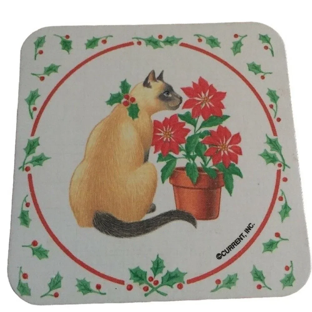 Vintage Christmas Coasters Siamese Cat Poinsettia Holly 6pc‎ Cork Back Y2K Retro